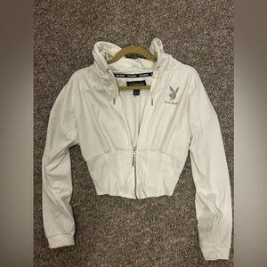 PLAYBOY Cream Zip-Up Cropped Hoodie